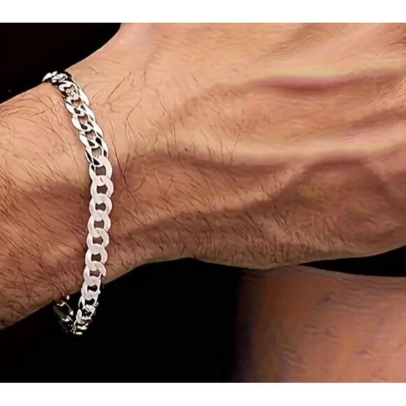925 Sterling Silver Mens Cuban Link Chain Bracelet 7mm - Picture 1 of 5